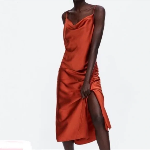 Zara Basic Orange Satin Spaghetti Strap Dress with Cowl Neck - Picture 2 of 4